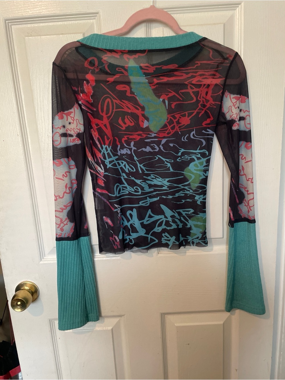 SHEIN Black Mesh Long Sleeve Top with Turquoise Trim and Multicolor Graffiti - Picture 3 of 3